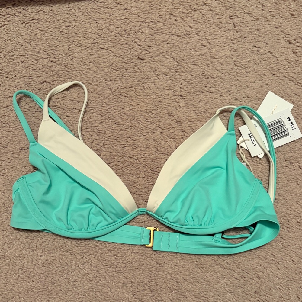 L*Space Aqua and White Bikini Top
